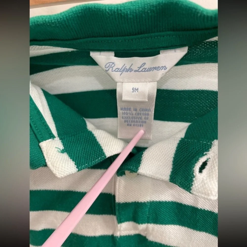 Ralph Lauren Striped Pony Logo‎ One Piece Cotton Romper Green White Baby 9 Month